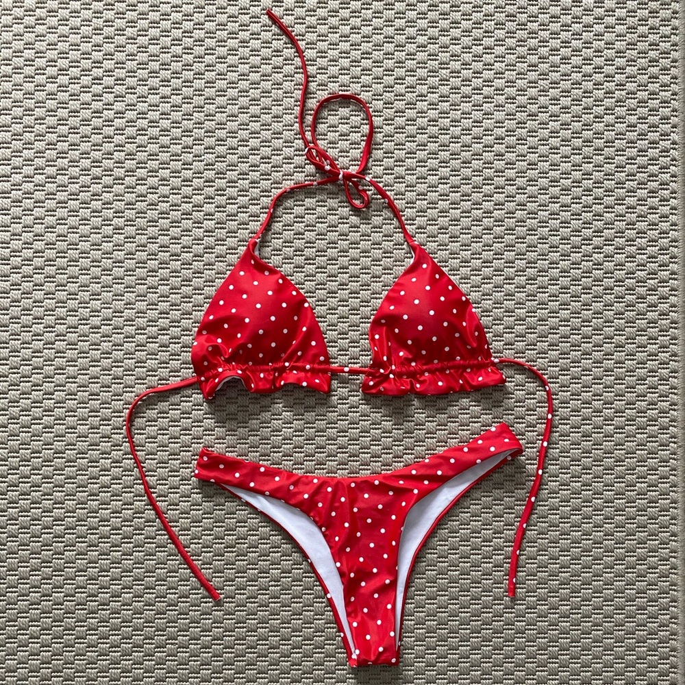 Zaful ruffled polkadot bikini red size M